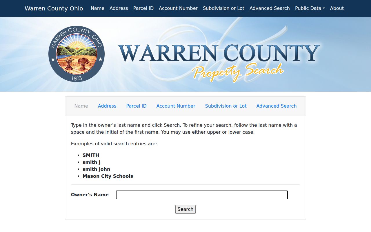 Clearcreek Township residents directory Auditor Property Search screen