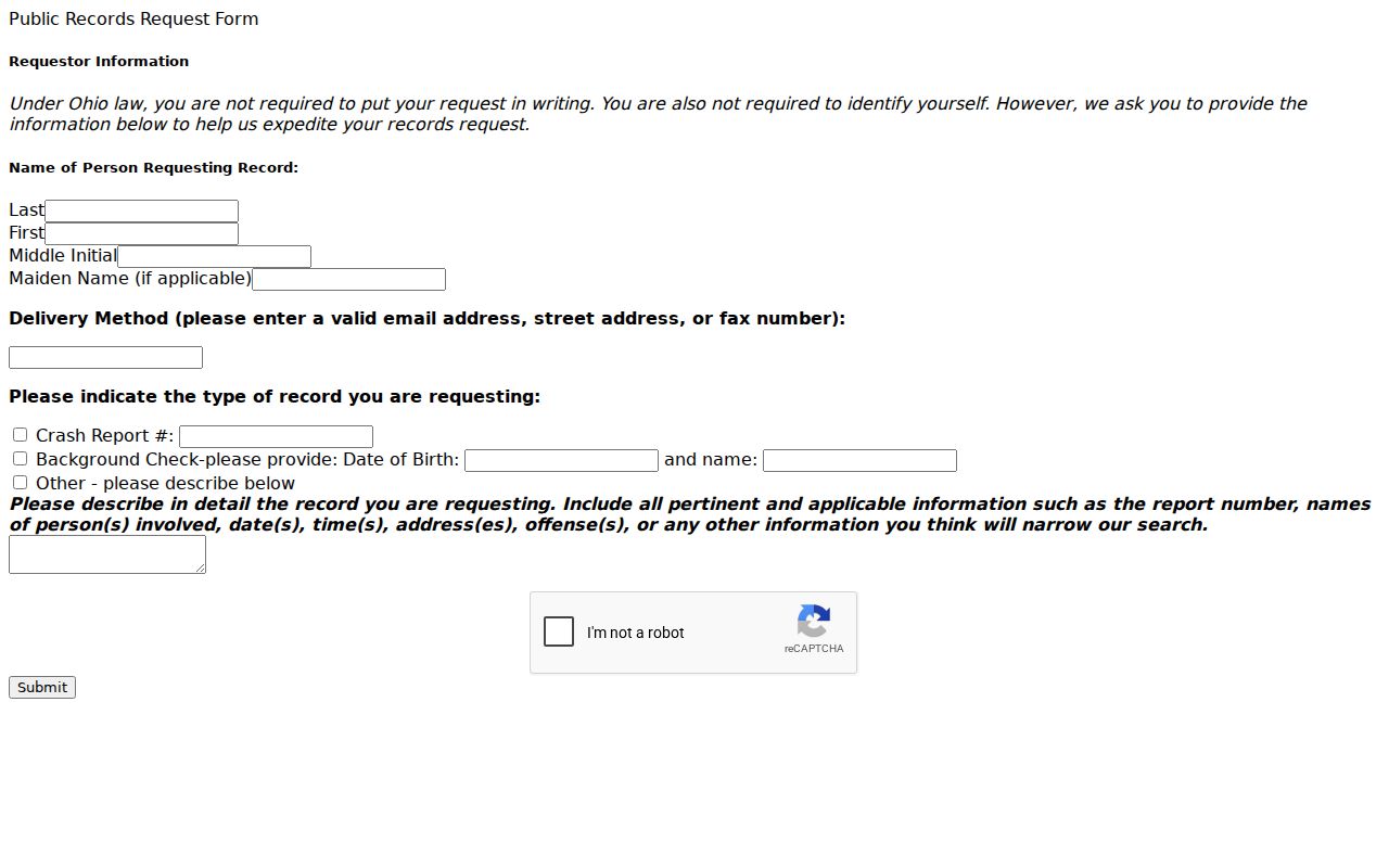 Clearcreek Township neighbors page Warren County Sheriff records request form limits