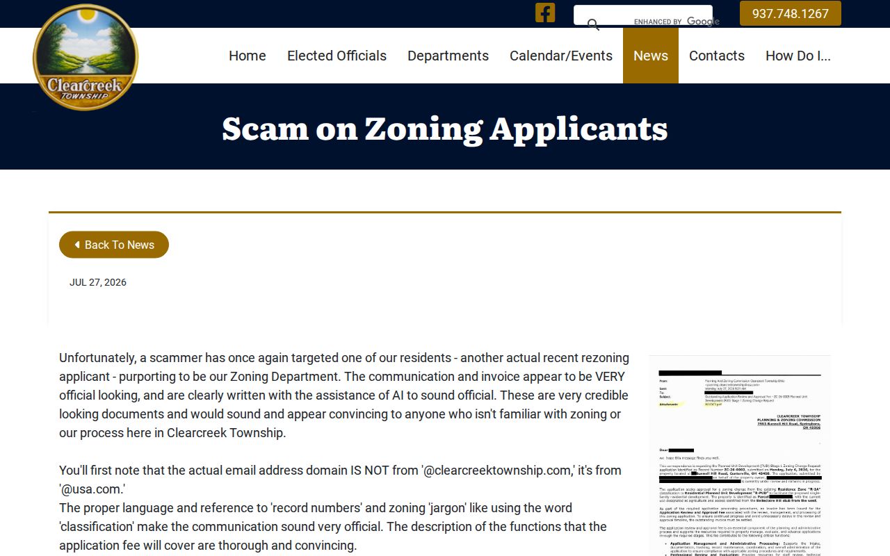 Clearcreek Township ZIP code directory safety context from the Township zoning invoice scam alert
